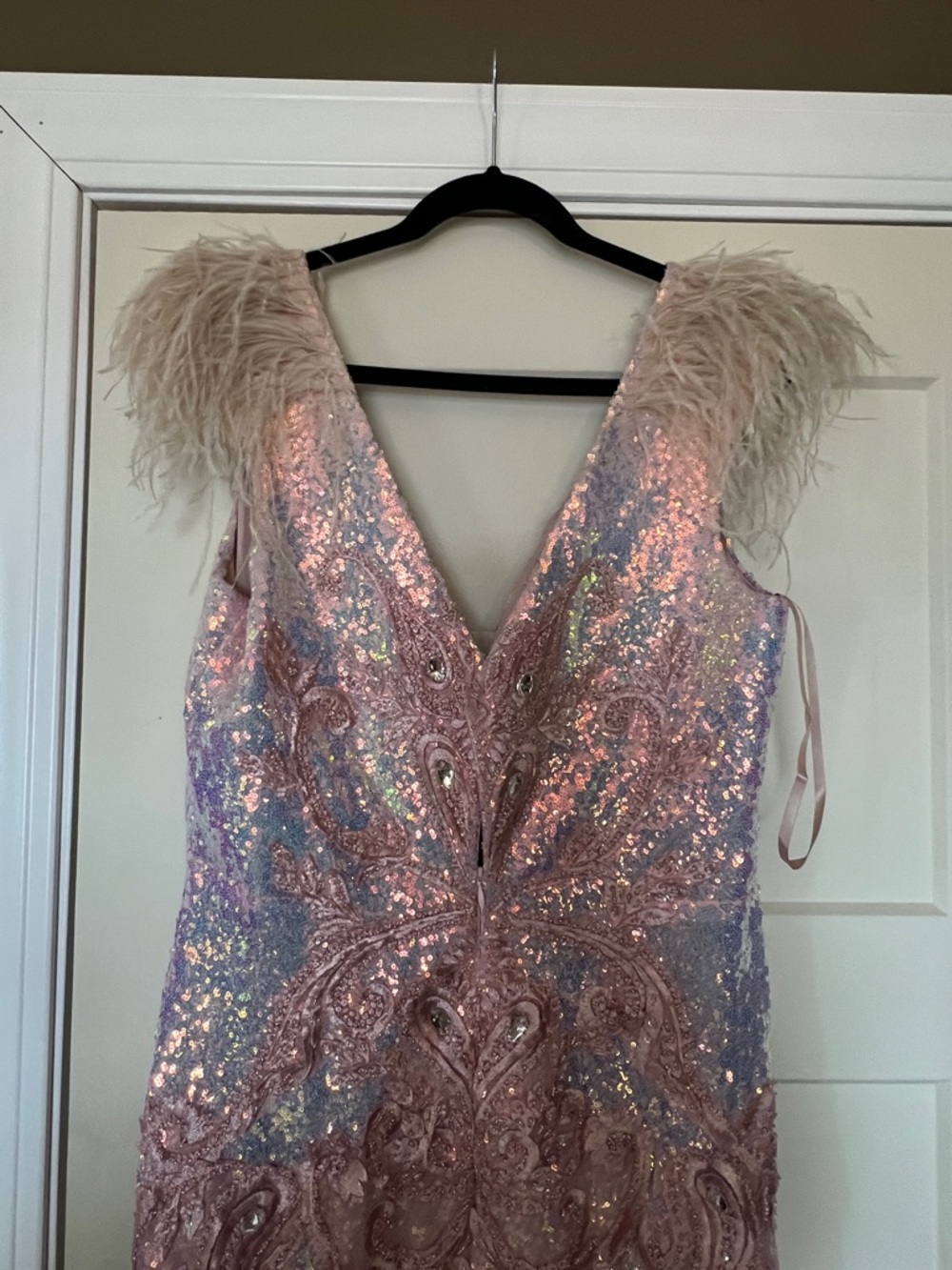 Portia & Scarlett Pink Blue Sequin Evening Gown with Feather Shoulders - Picture 15 of 16